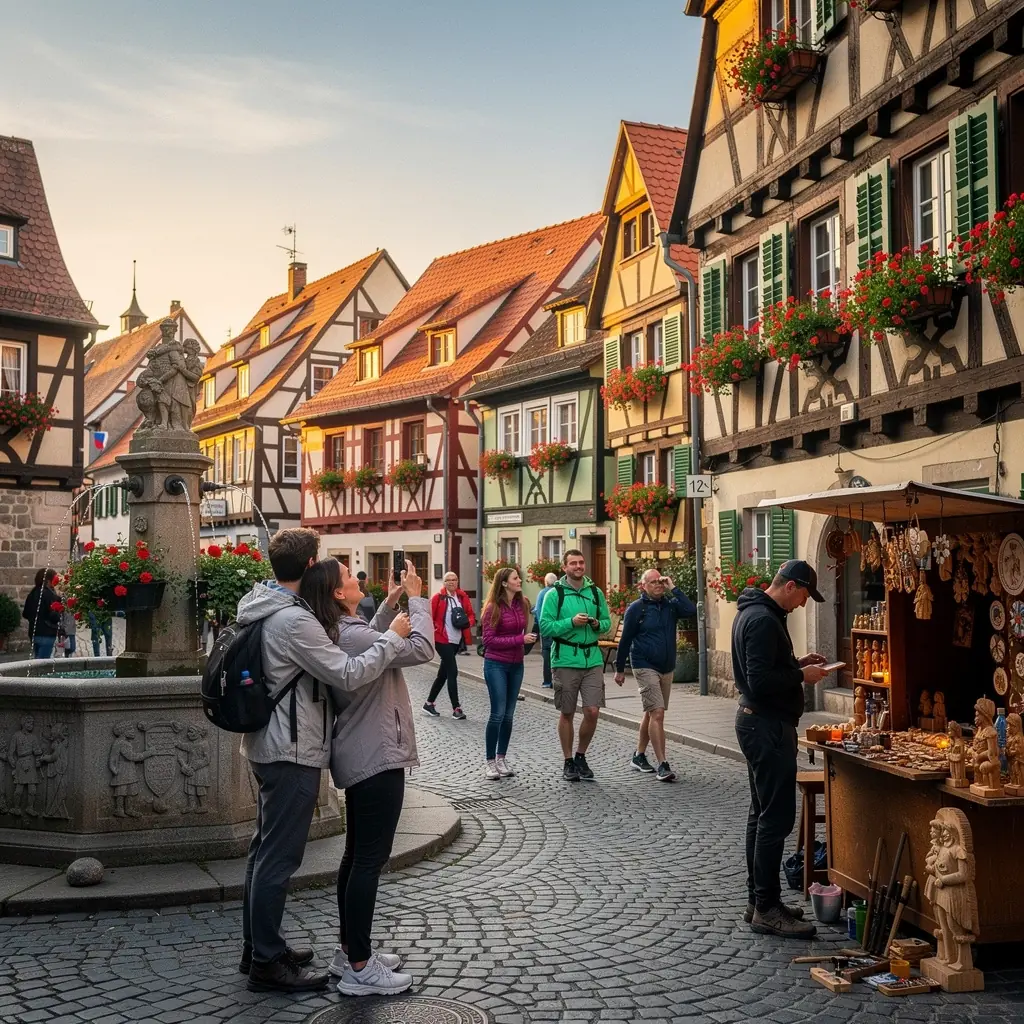 Ein Parkplatz mit Autos vor einem modernen deutschen Bahnhof.