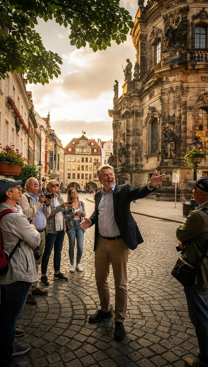 Ein Reiseführer zeigt auf Sehenswürdigkeiten in einem Stadtzentrum.